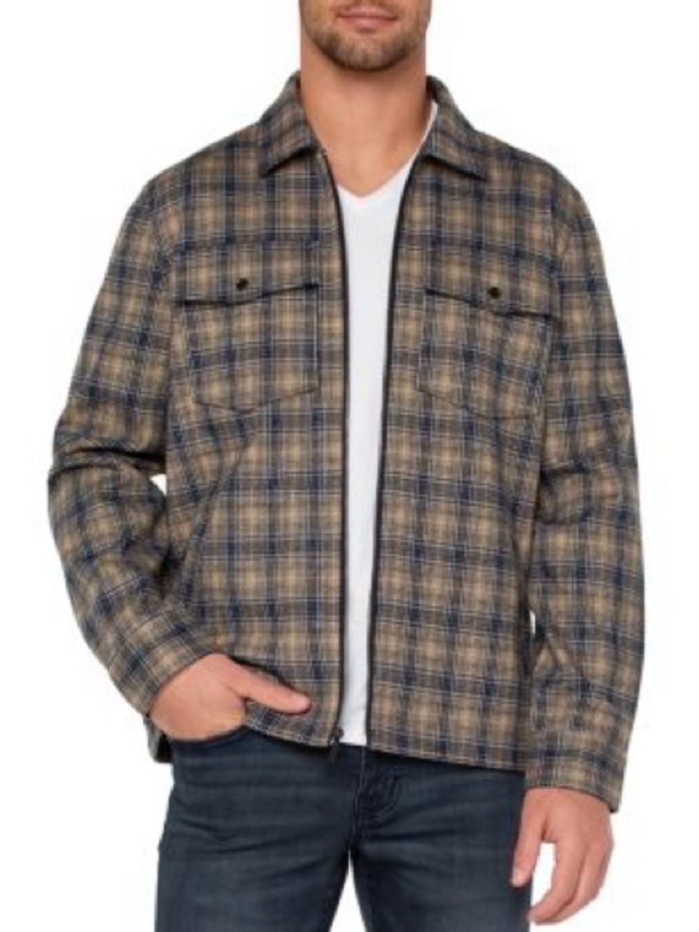 Liverpool Men's Plaid Zip Shirt Jacket in Beige and Navy